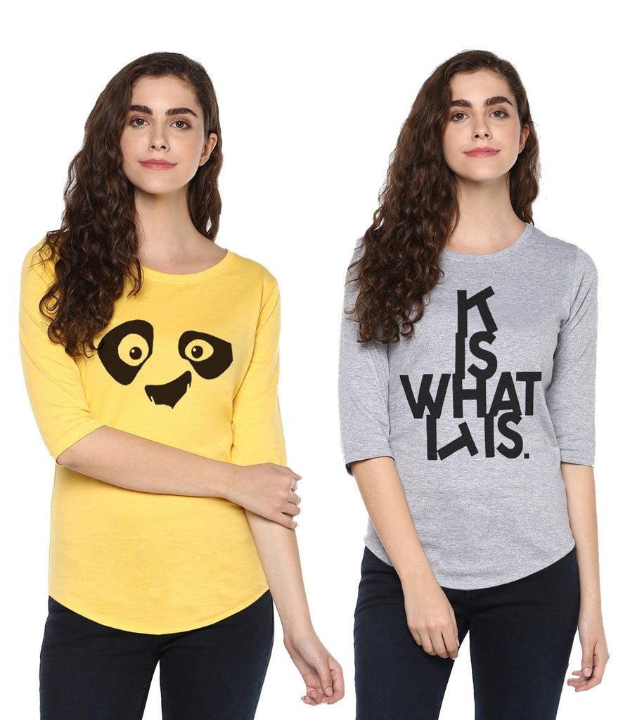 Young Trendz Womens Combo 3/4th Sleeve Pandaeyes Printed Yellow Color and Itis Printed Grey Color Tshirts - Young Trendz