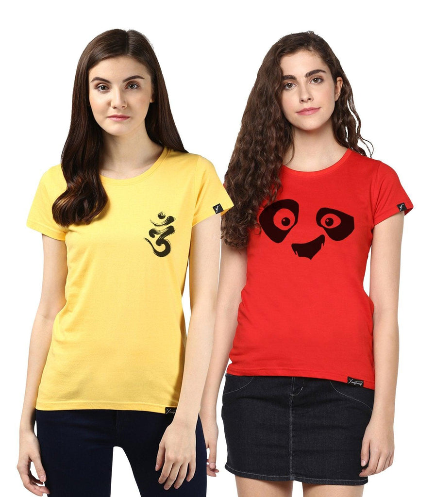 Young Trendz Womens Combo Half Sleeve Pandaeyes Printed Red Color and Ommpocket Printed Yellow Color Tshirts - Young Trendz