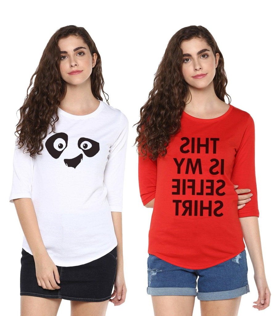 Young Trendz Womens Combo 3/4th Sleeve Pandaeyes Printed White Color and Selfie Printed Red Color Tshirts - Young Trendz