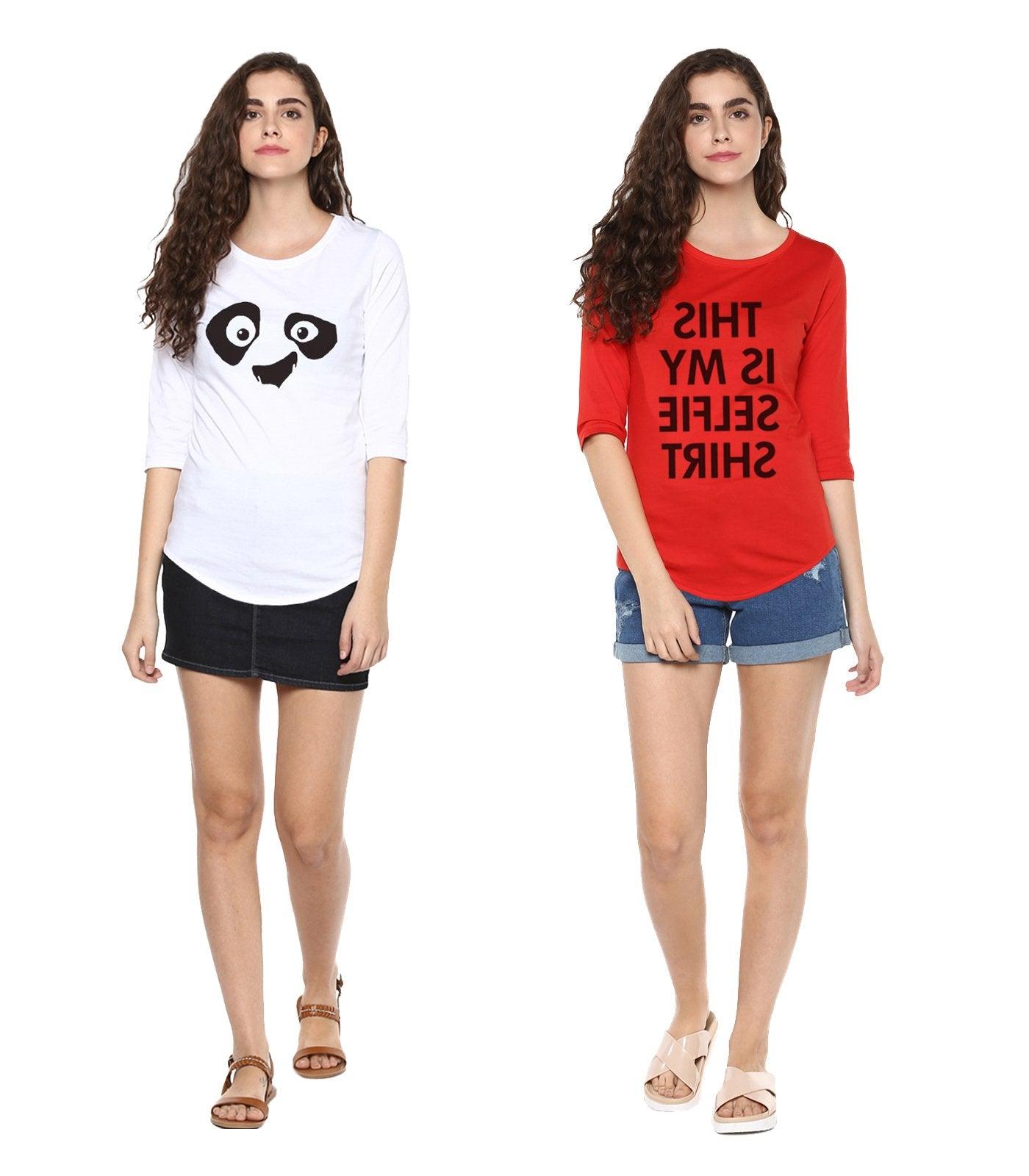 Young Trendz Womens Combo 3/4th Sleeve Pandaeyes Printed White Color and Selfie Printed Red Color Tshirts - Young Trendz