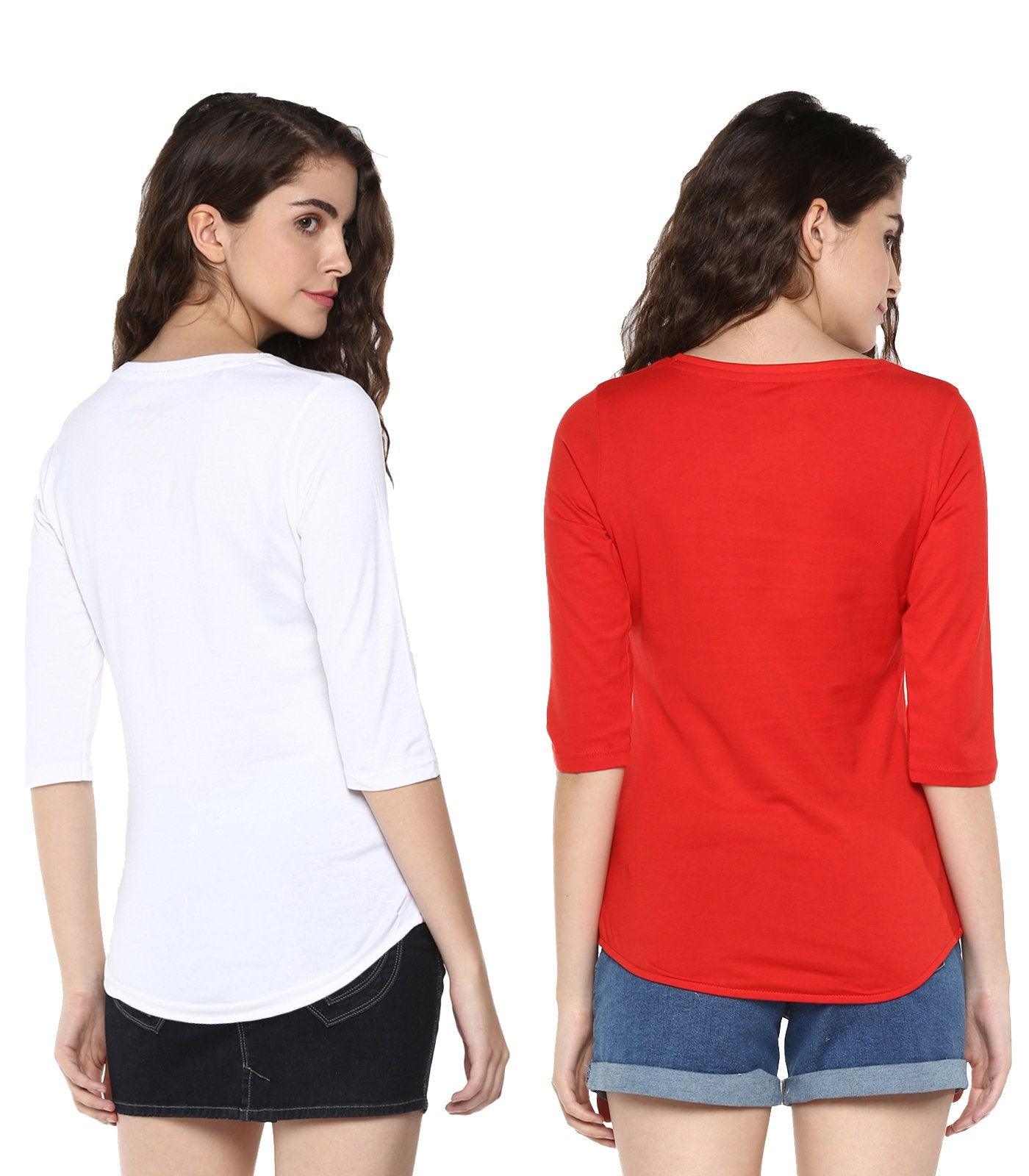 Young Trendz Womens Combo 3/4th Sleeve Pandaeyes Printed White Color and Selfie Printed Red Color Tshirts - Young Trendz