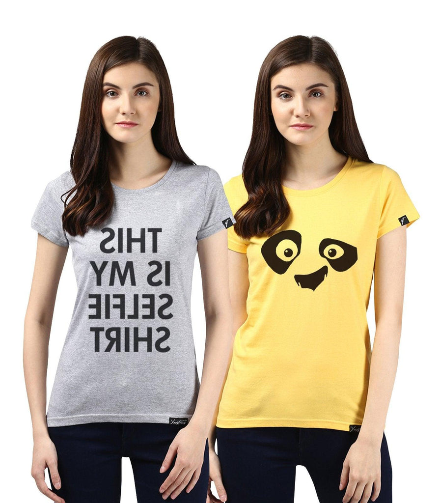 Young Trendz Womens Combo Half Sleeve Pandaeyes Printed Yellow Color and Selfie Printed Grey Color Tshirts - Young Trendz
