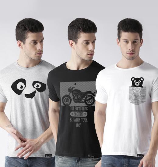 Young Trendz Mens Combo Pandaeyes Grey Color Bike Black Color and Teddy White Color Half Sleeve Printed T-Shirts - Young Trendz