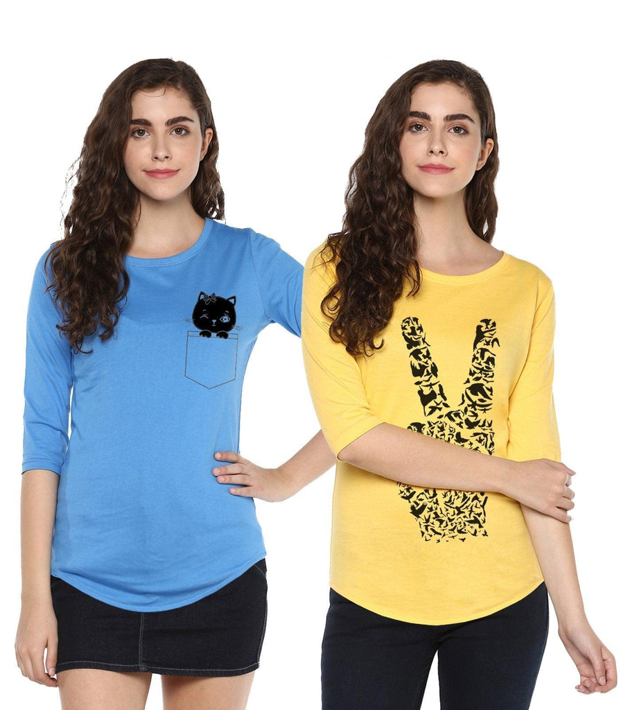 Young Trendz Womens Combo 3/4th Sleeve Peace Printed Yellow Color and Cat Printed Sky Blue Color Tshirts - Young Trendz