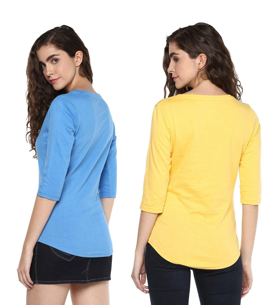 Young Trendz Womens Combo 3/4th Sleeve Peace Printed Yellow Color and Cat Printed Sky Blue Color Tshirts - Young Trendz