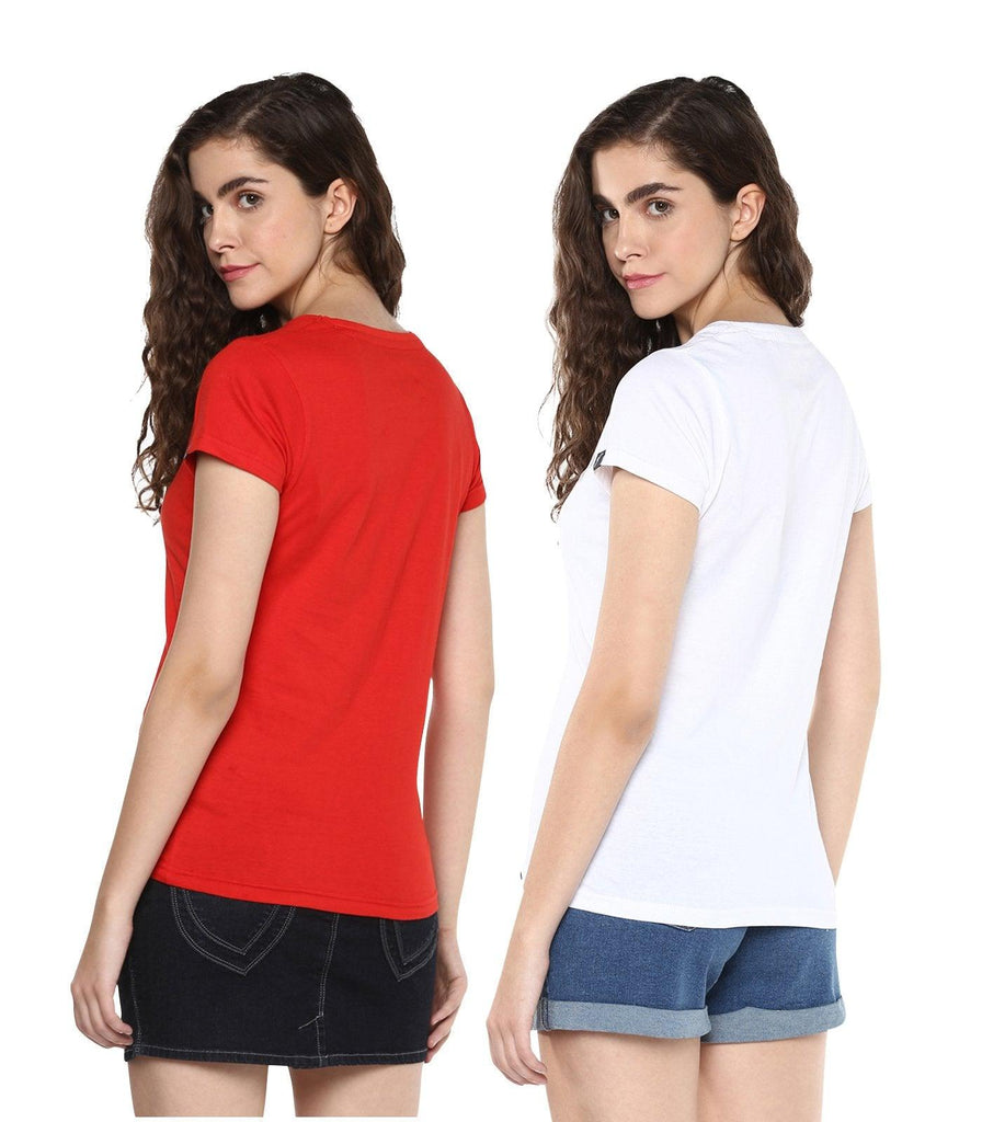 Young Trendz Womens Combo Half Sleeve Peace Printed White Color and Cat Printed Red Color Tshirts - Young Trendz