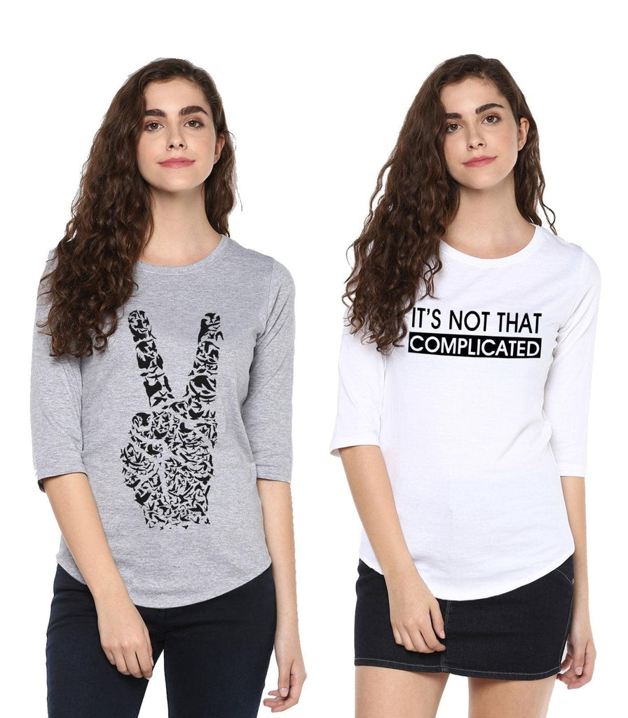 Young Trendz Womens Combo 3/4th Sleeve Peace Printed Grey Color and Complicated Printed White Color Tshirts - Young Trendz