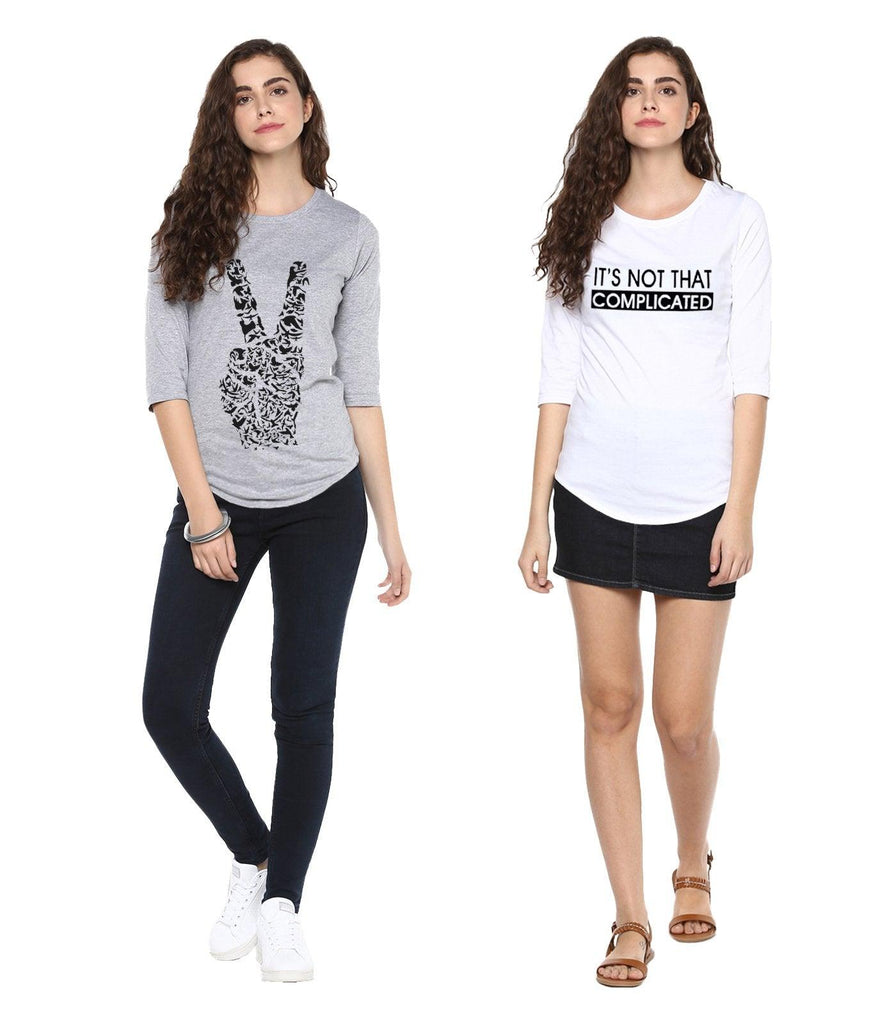 Young Trendz Womens Combo 3/4th Sleeve Peace Printed Grey Color and Complicated Printed White Color Tshirts - Young Trendz
