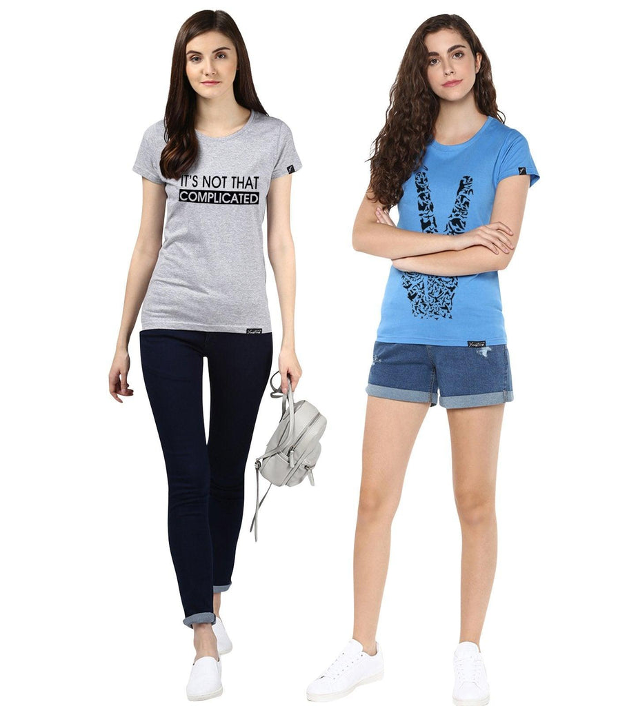 Young Trendz Womens Combo Half Sleeve Peace Printed Skyblue Color and Complicated Printed Grey Color Tshirts - Young Trendz