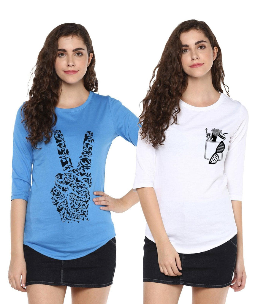 Young Trendz Womens Combo 3/4th Sleeve Peace Printed Sky Blue Color and Frenchfry Printed White Color Tshirts - Young Trendz