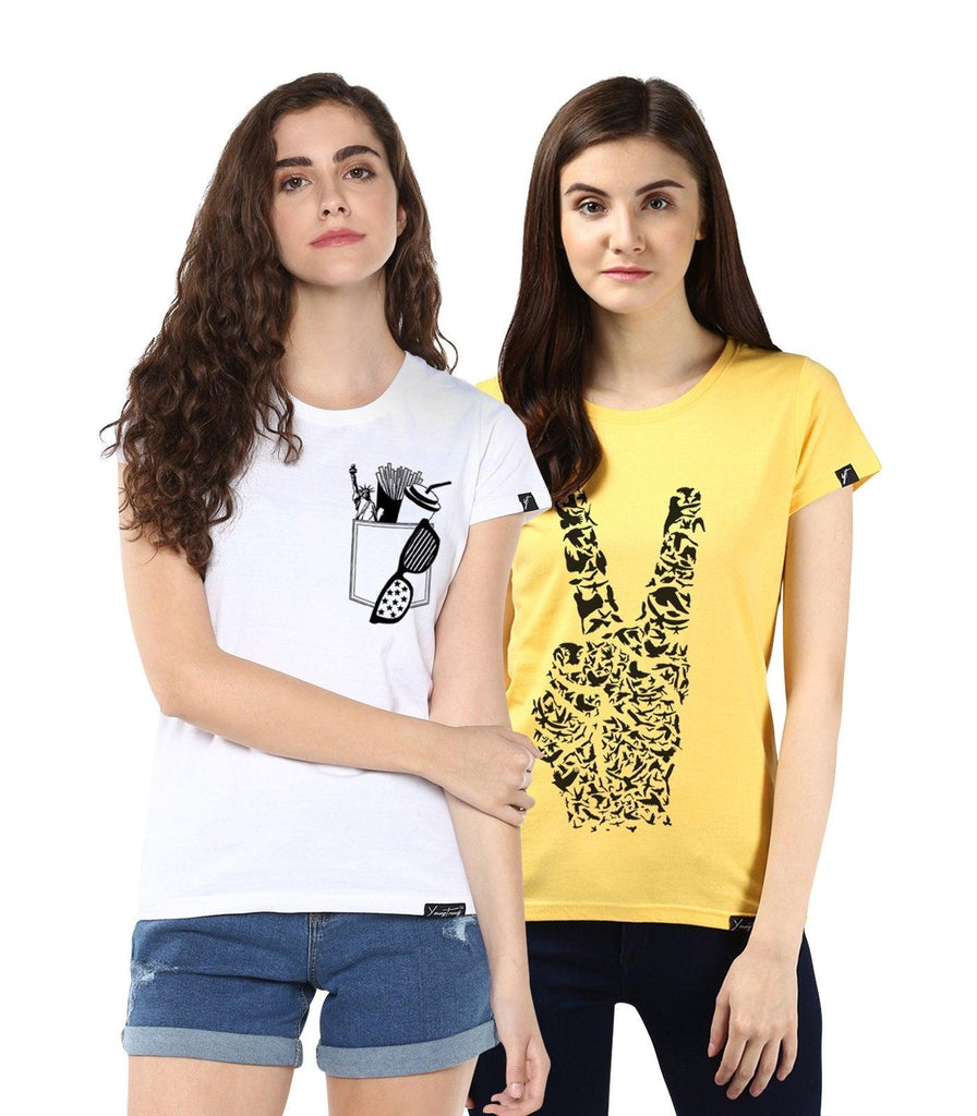 Young Trendz Womens Combo Half Sleeve Peace Printed Yellow Color and Frechfry Printed White Color Tshirts - Young Trendz