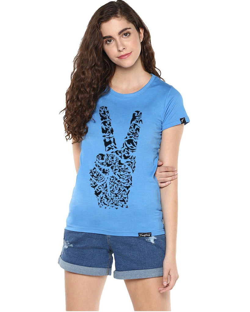 Womens Half Sleeve Peace Printed Blue Color Tshirts - Young Trendz