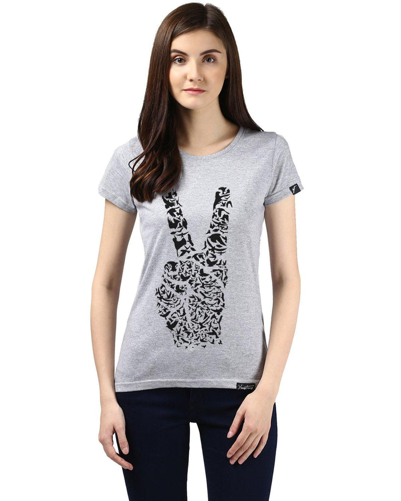 Womens Half Sleeve Peace Printed Grey Color Tshirts - Young Trendz