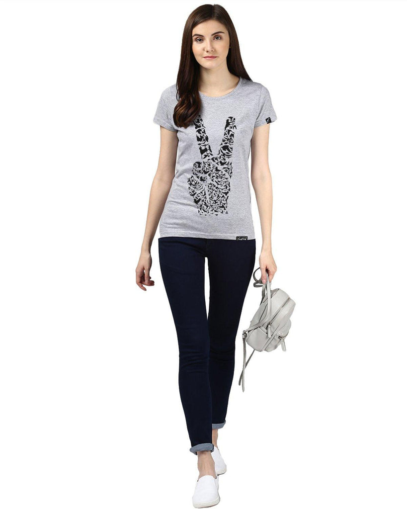 Womens Half Sleeve Peace Printed Grey Color Tshirts - Young Trendz