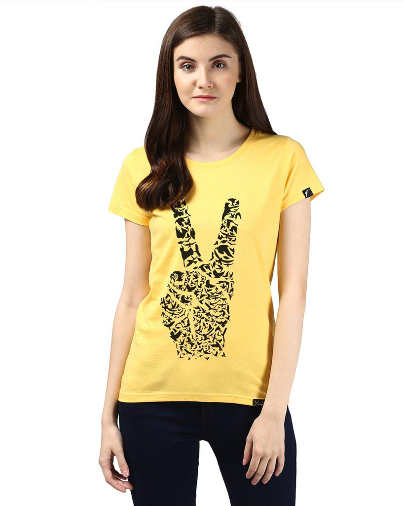 Womens Half Sleeve Peace Printed Yellow Color Tshirts - Young Trendz