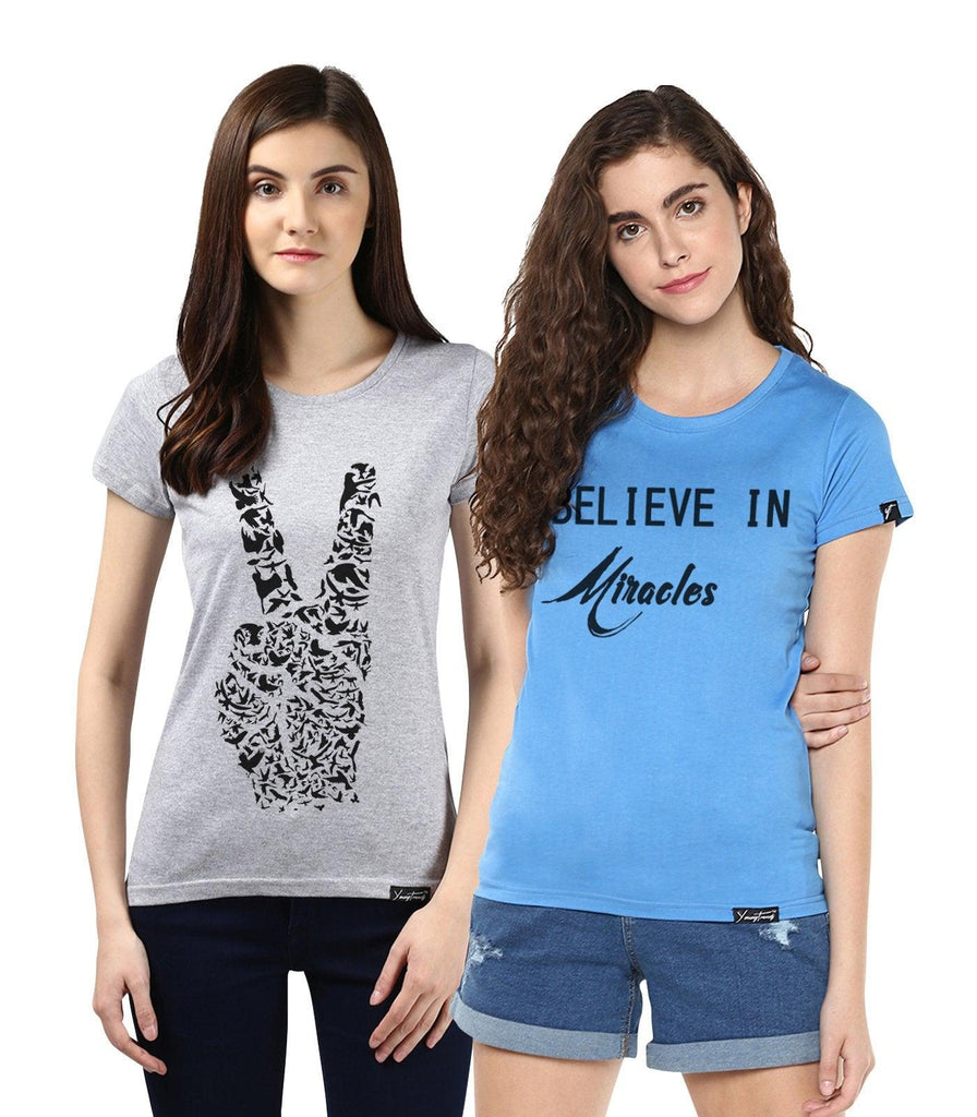 Young Trendz Womens Combo Half Sleeve Peace Printed Grey Color and Miracle Printed Skyblue Color Tshirts - Young Trendz