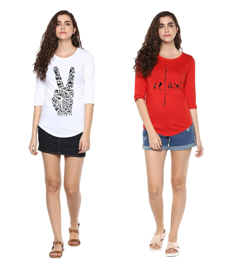 Young Trendz Womens Combo 3/4th Sleeve Peace Printed White Color and Relax Printed Red Color Tshirts - Young Trendz