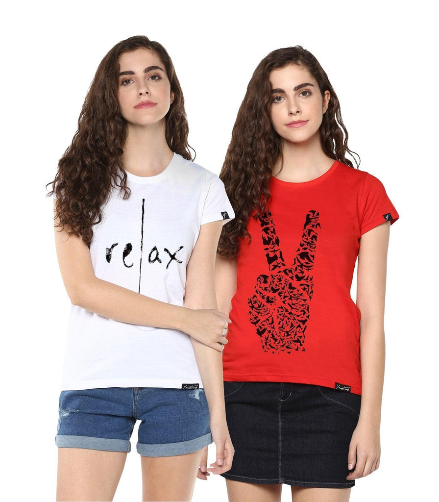 Young Trendz Womens Combo Half Sleeve Peace Printed Red Color and Relax Printed White Color Tshirts - Young Trendz