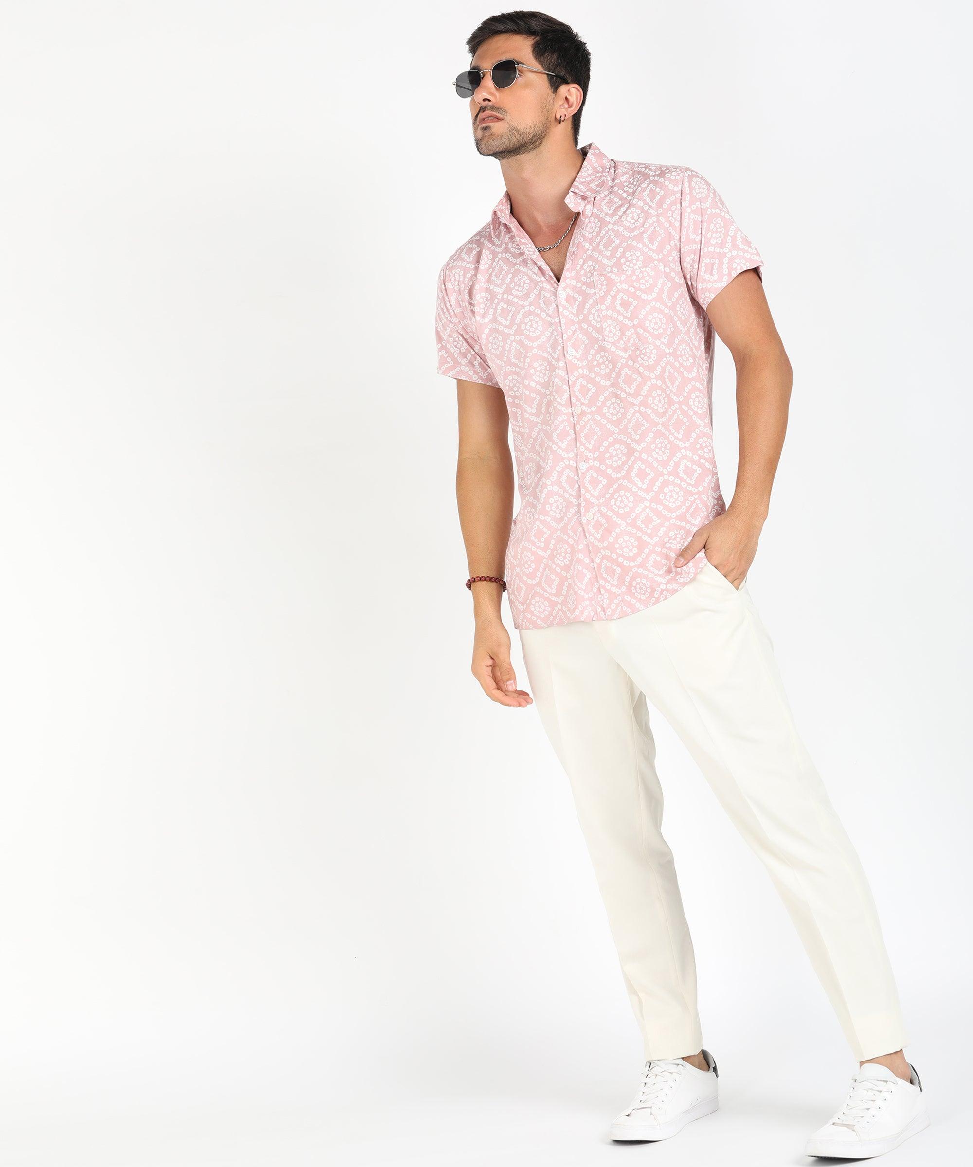 Mens Half Sleeve Casual Printed Shirt (Festive Pink) - Young Trendz