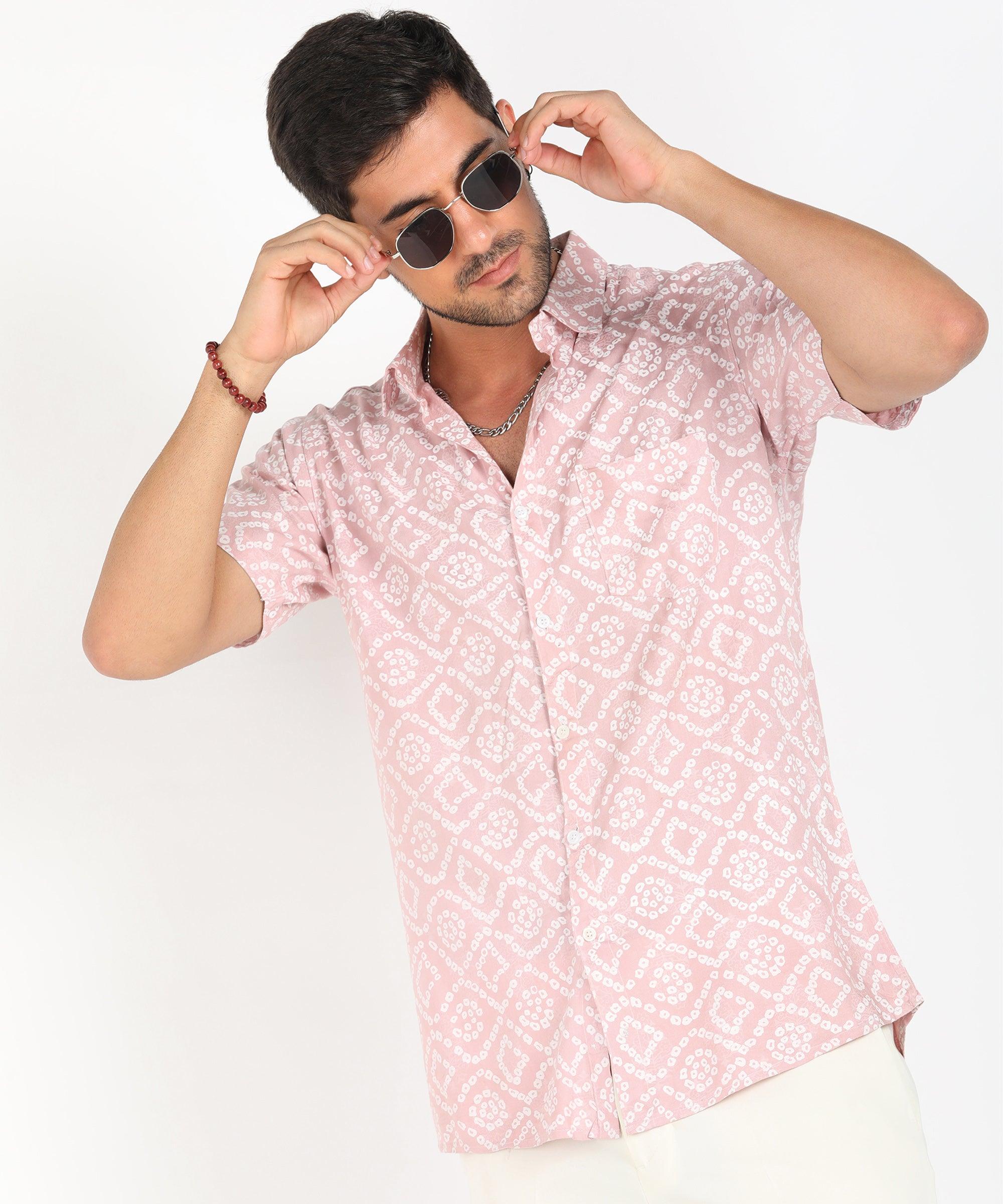 Mens Half Sleeve Casual Printed Shirt (Festive Pink) - Young Trendz