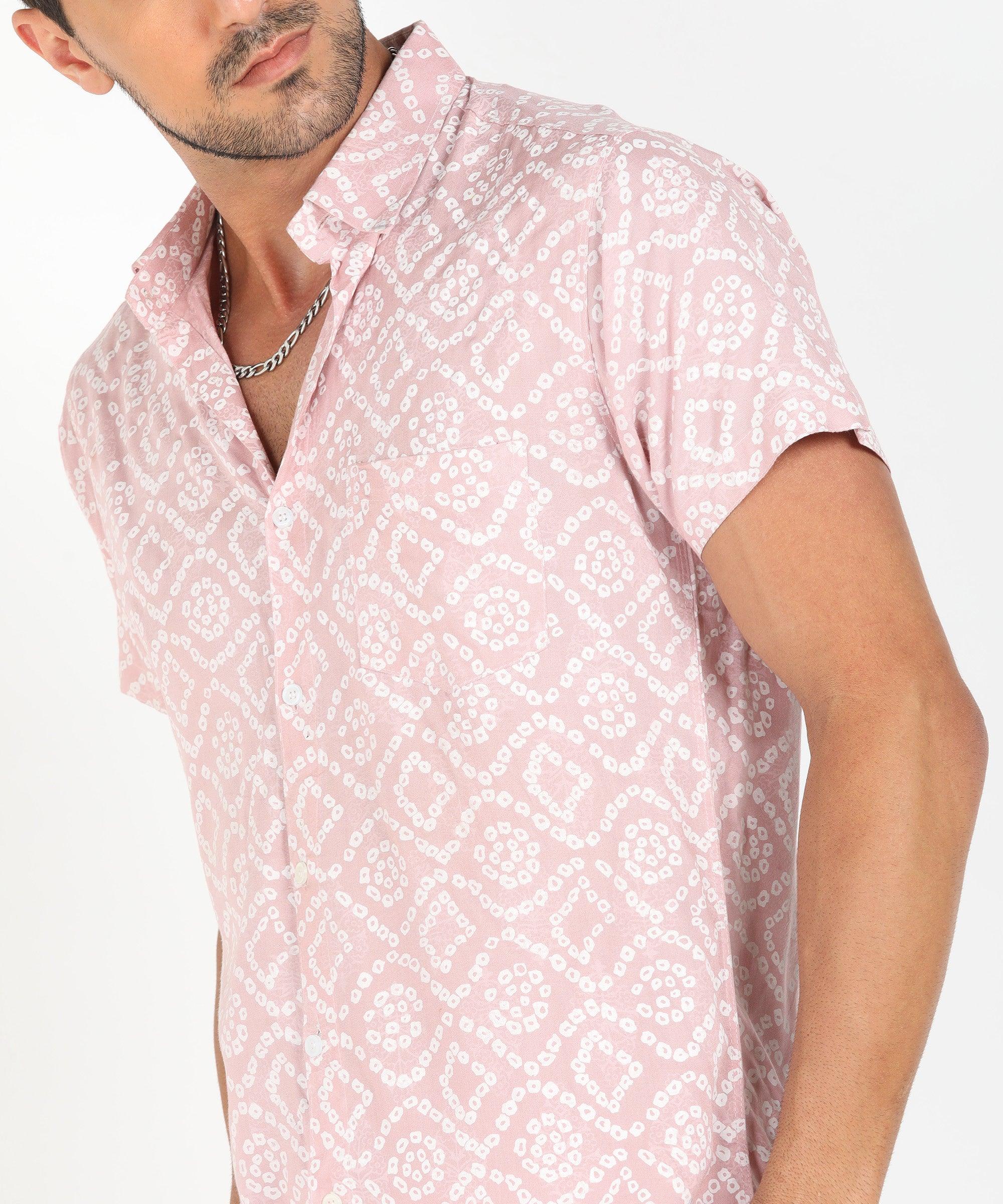 Mens Half Sleeve Casual Printed Shirt (Festive Pink) - Young Trendz