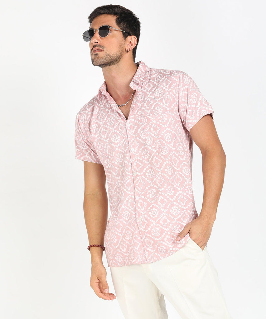 Mens Half Sleeve Casual Printed Shirt (Festive Pink) - Young Trendz