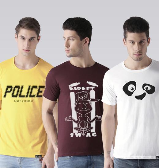 Young Trendz Mens Combo Police Yellow Color T20swag Maroon Color and Pandaeyes White Color Half Sleeve Printed T-Shirts - Young Trendz