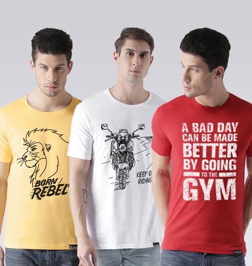 Young Trendz Mens Combo Rebel Yellow Color Keepon White Color and Gym Red Color Half Sleeve Printed T-Shirts - Young Trendz