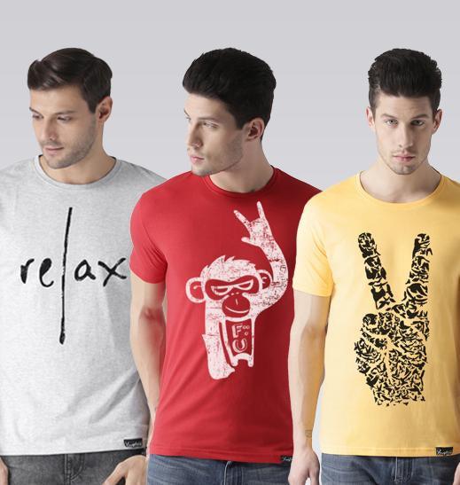 Young Trendz Mens Combo Relax Grey Color Monkey Red Color and Peace Yellow Color Half Sleeve Printed T-Shirts - Young Trendz