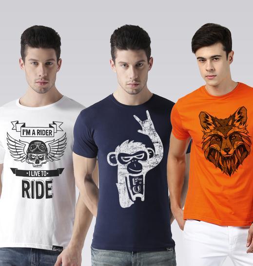 Young Trendz Mens Combo Rider White Color Monkey Navy Color and Line Orange Color Half Sleeve Printed T-Shirts - Young Trendz