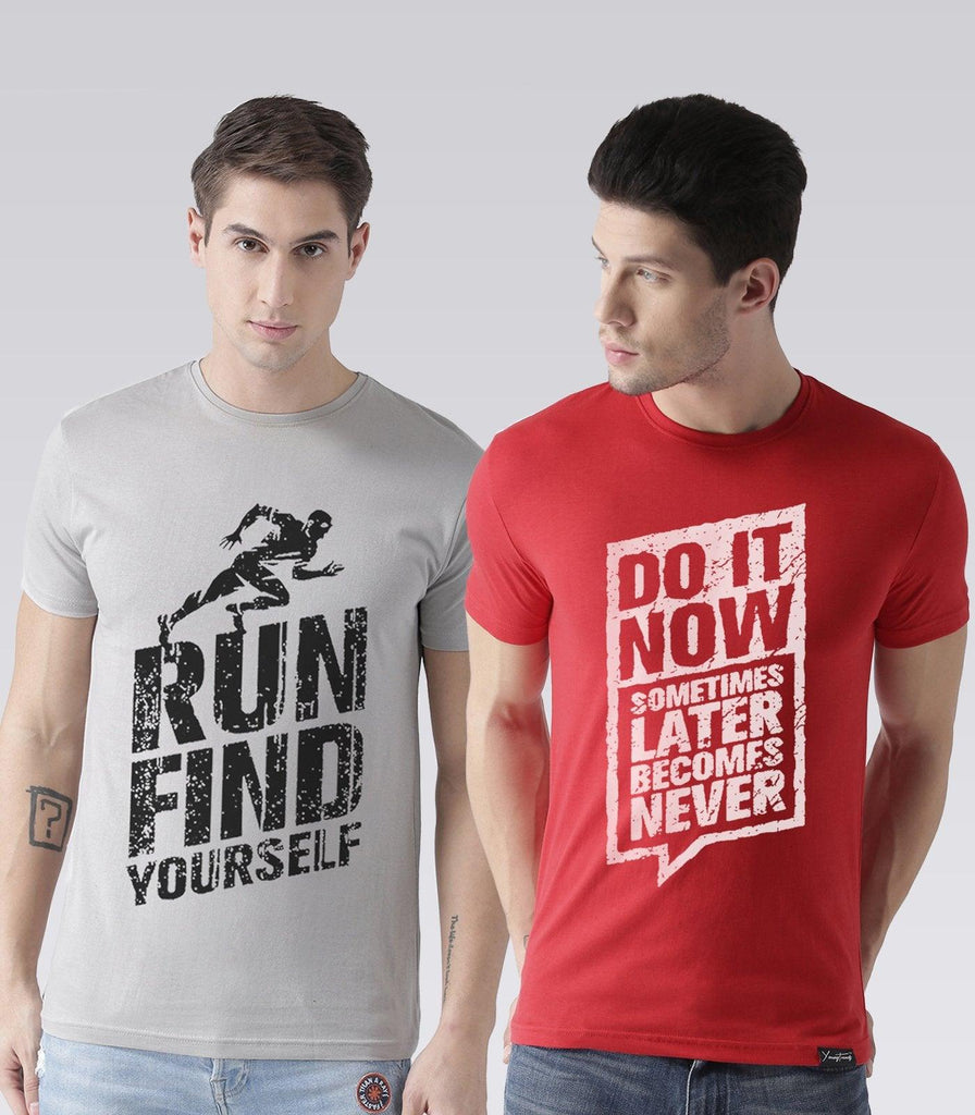 Young Trendz Mens Combo Runfind Steel Grey Color and Doit Red Color Half Sleeve Printed T-Shirts - Young Trendz