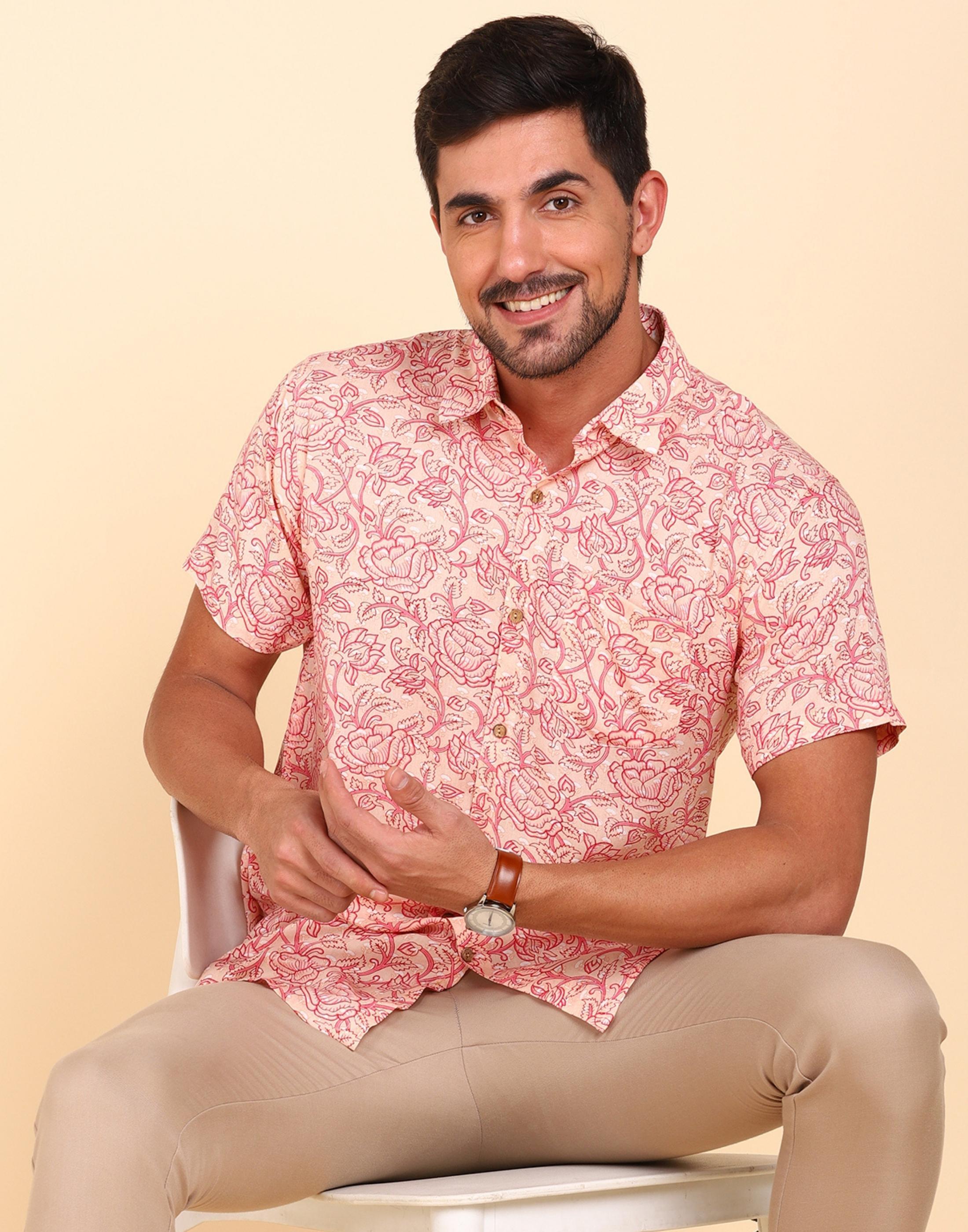 Mens Half Sleeve Casual Printed Shirt (Pink) - Young Trendz