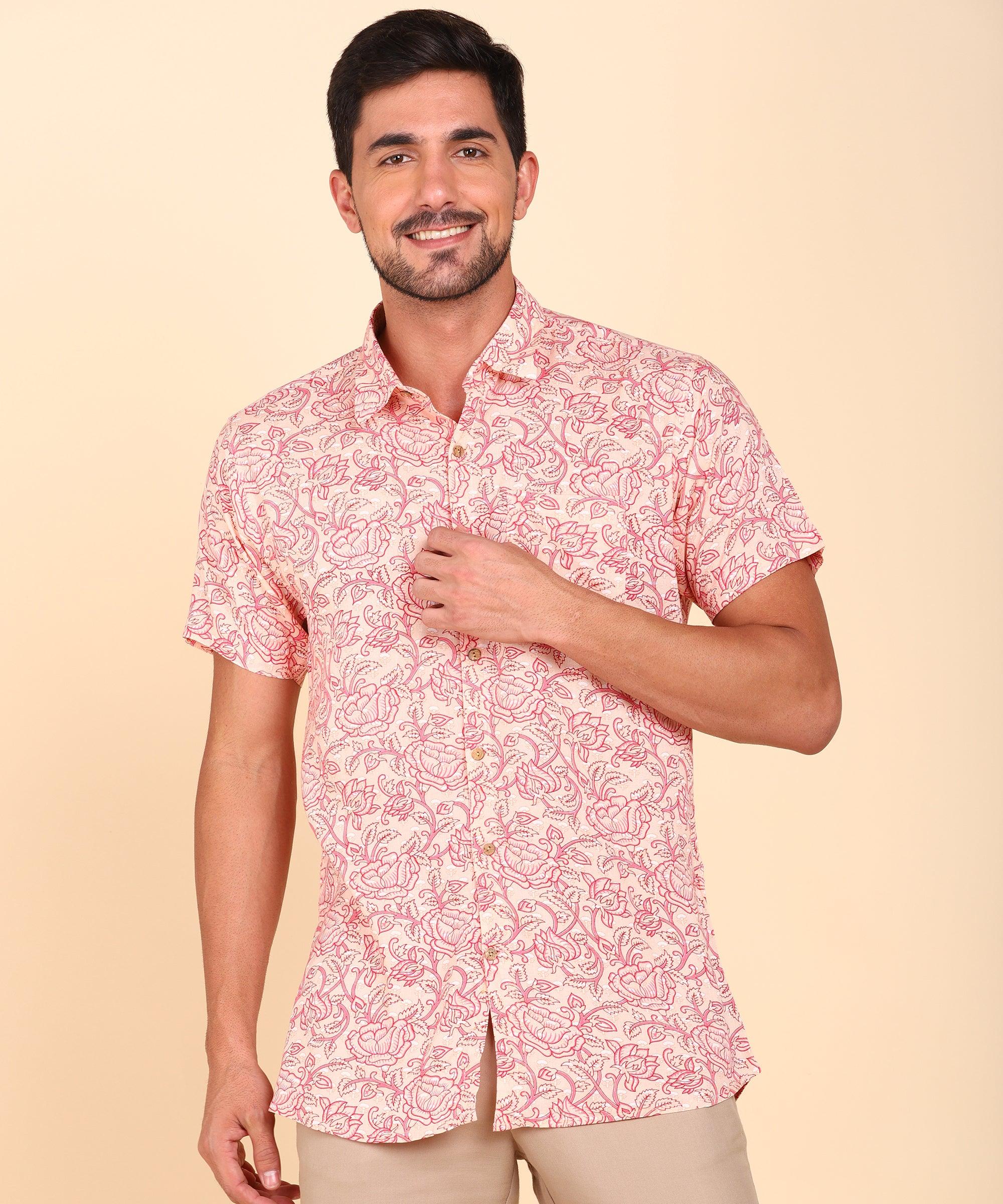 Mens Half Sleeve Casual Printed Shirt (Pink) - Young Trendz