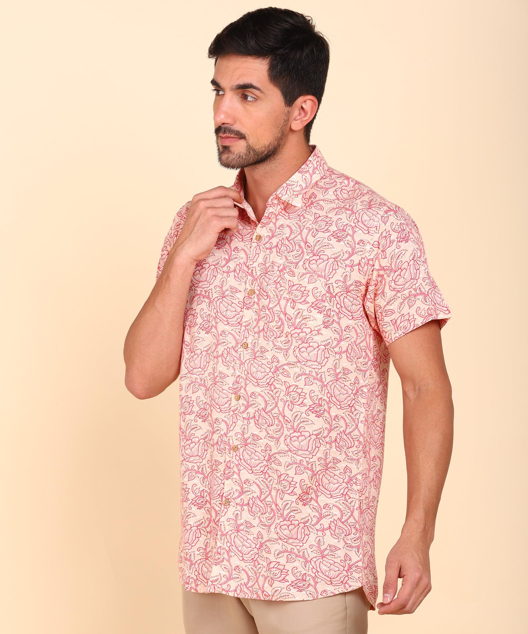 Mens Half Sleeve Casual Printed Shirt (Pink) - Young Trendz