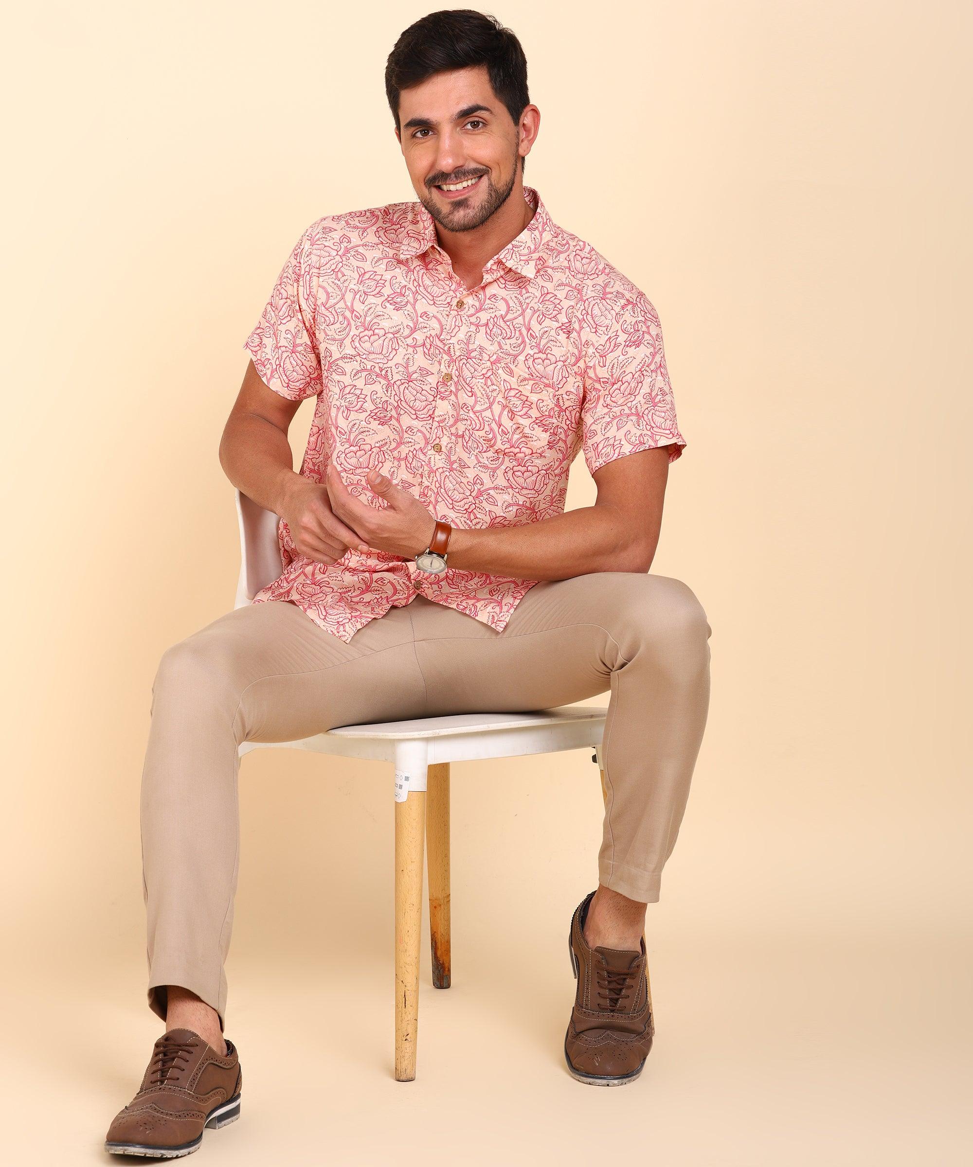 Mens Half Sleeve Casual Printed Shirt (Pink) - Young Trendz