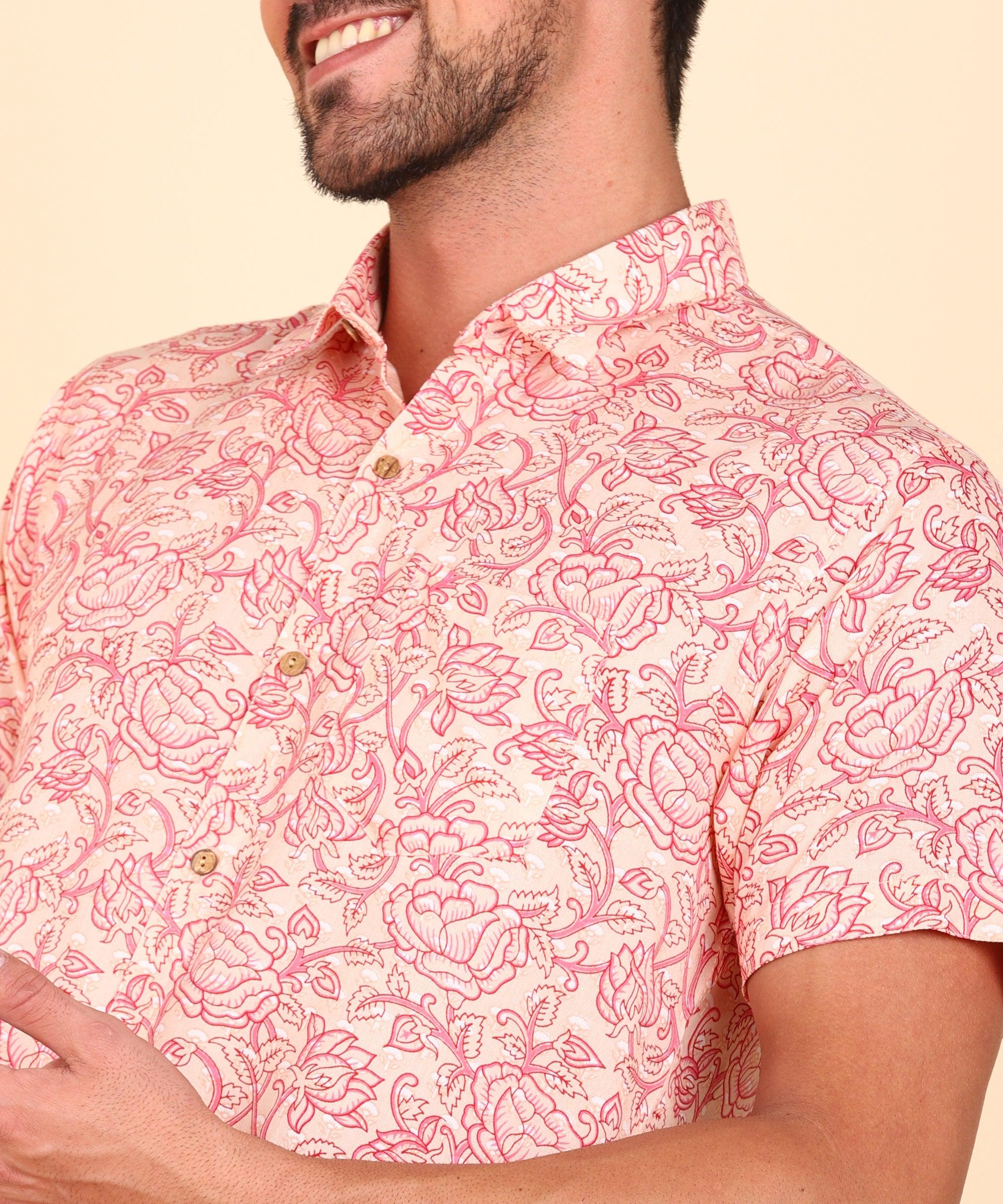 Mens Half Sleeve Casual Printed Shirt (Pink) - Young Trendz