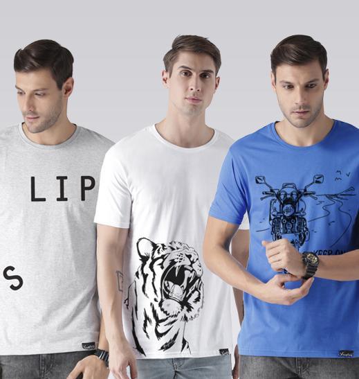 Young Trendz Mens Combo Slip Grey Color Tiger White Color and keepon Sky blue Color Half Sleeve Printed T-Shirts - Young Trendz