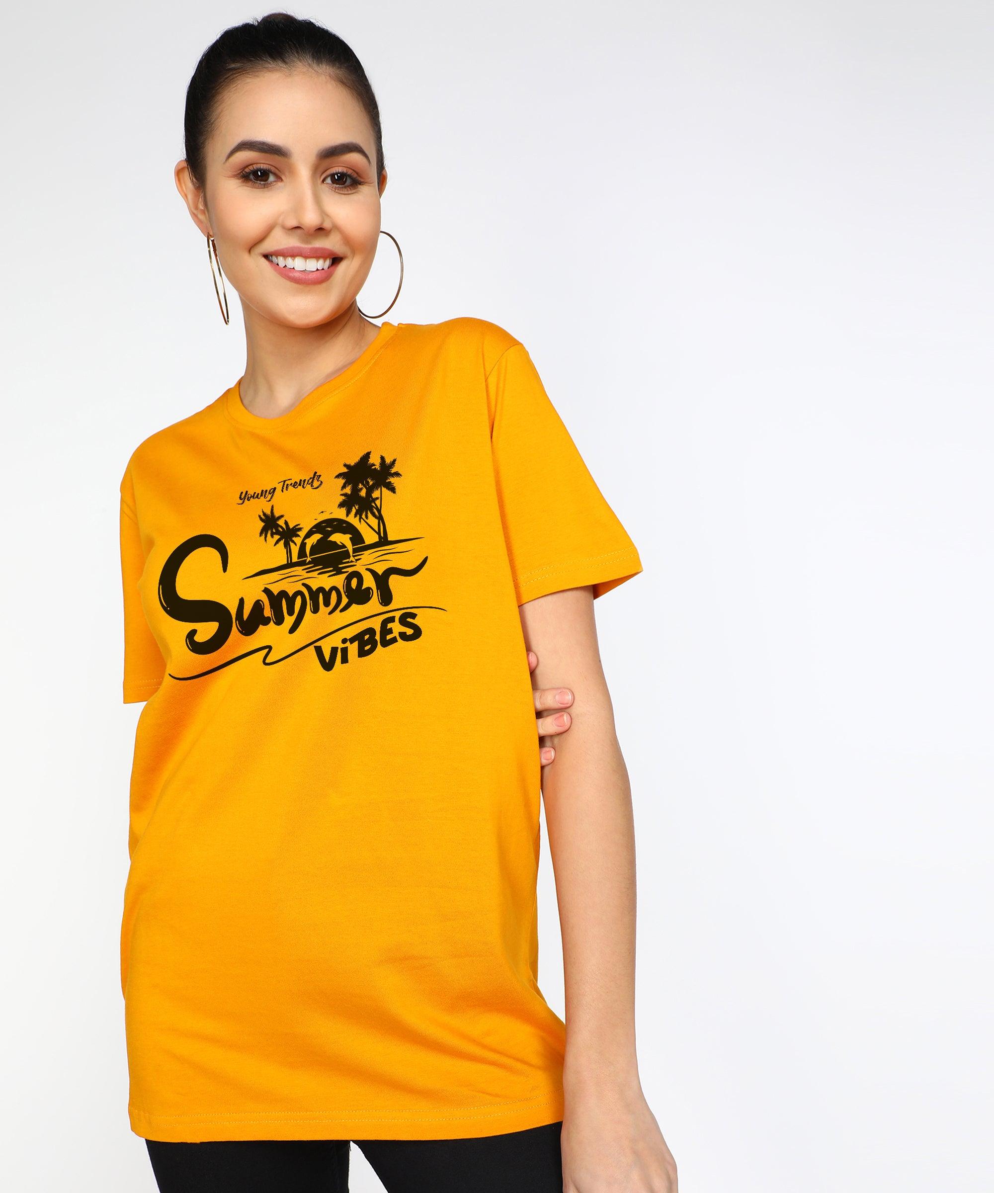 Womens Over Size Half Sleeve Printed T.shirts (Mustard) - Young Trendz