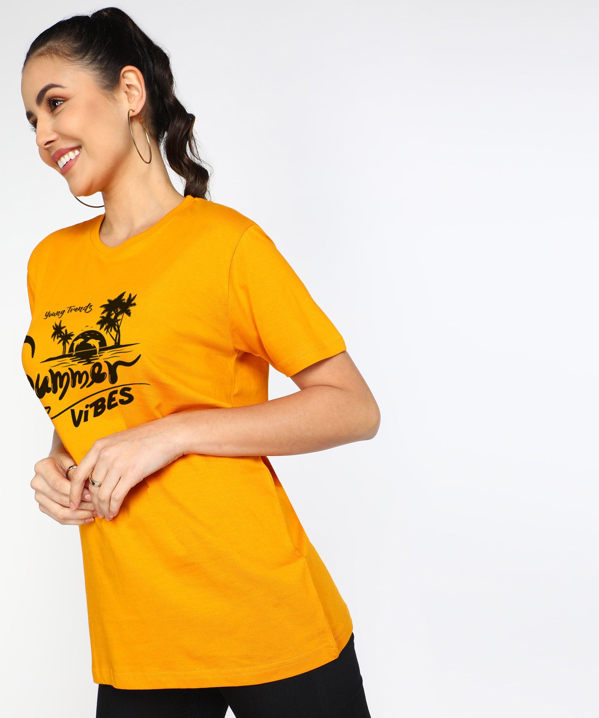 Womens Over Size Half Sleeve Printed T.shirts (Mustard) - Young Trendz