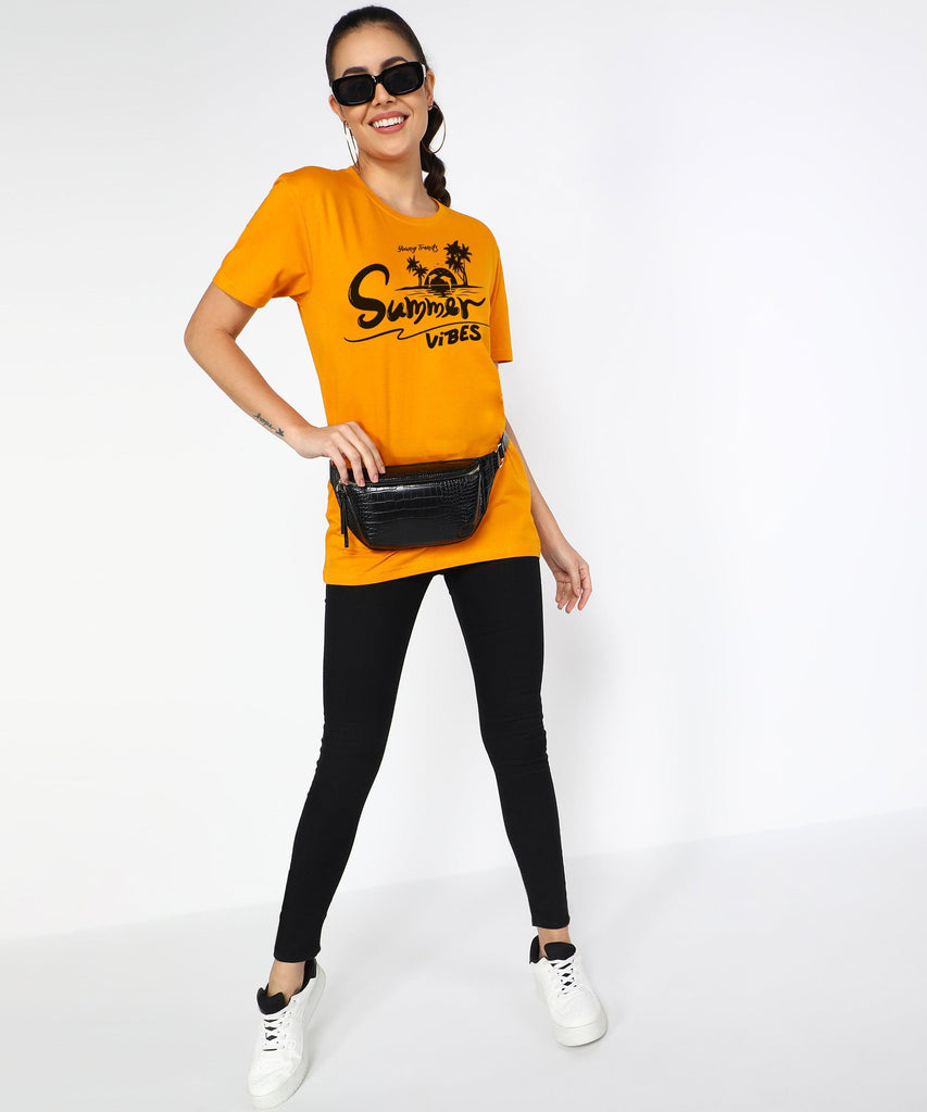 Womens Over Size Half Sleeve Printed T.shirts (Mustard) - Young Trendz