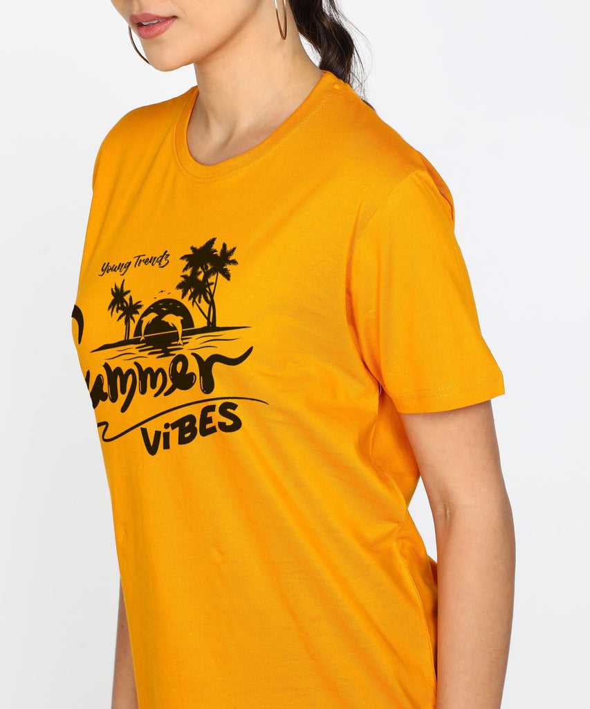 Womens Over Size Half Sleeve Printed T.shirts (Mustard) - Young Trendz