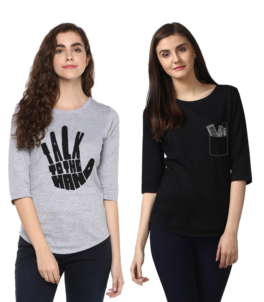 Young Trendz Womens Combo 3/4th Sleeve Talk Printed Grey Color and Chocolate Printed Black Color Tshirts - Young Trendz
