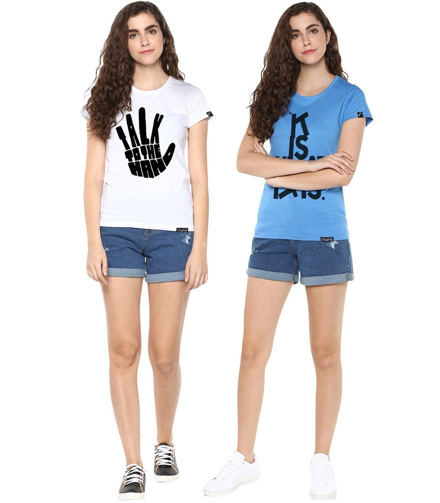Young Trendz Womens Combo Half Sleeve Talk Printed White Color and Itis Printed Skyblue Color Tshirts - Young Trendz