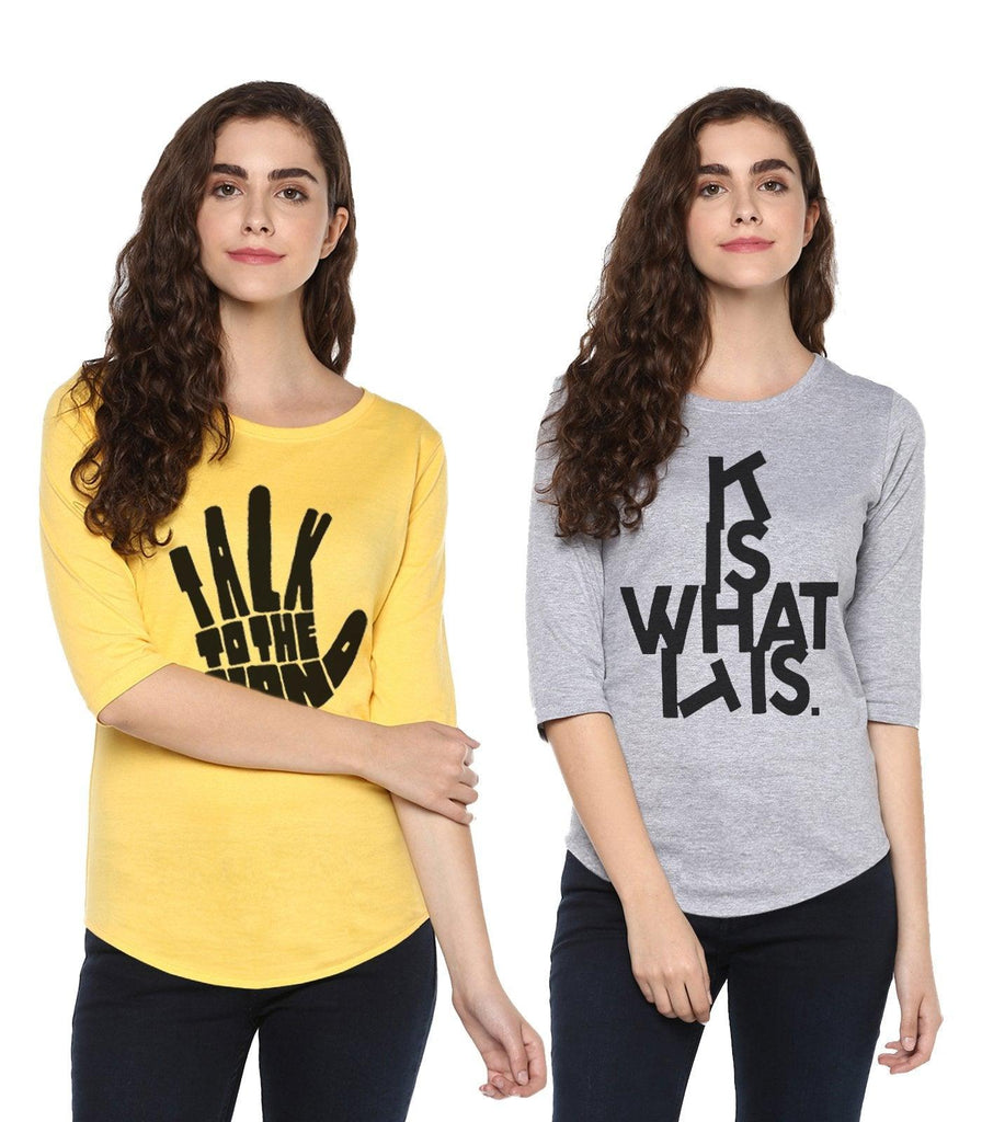 Young Trendz Womens Combo 3/4th Sleeve Talk Printed Yellow Color and Itis Printed Grey Color Tshirts - Young Trendz