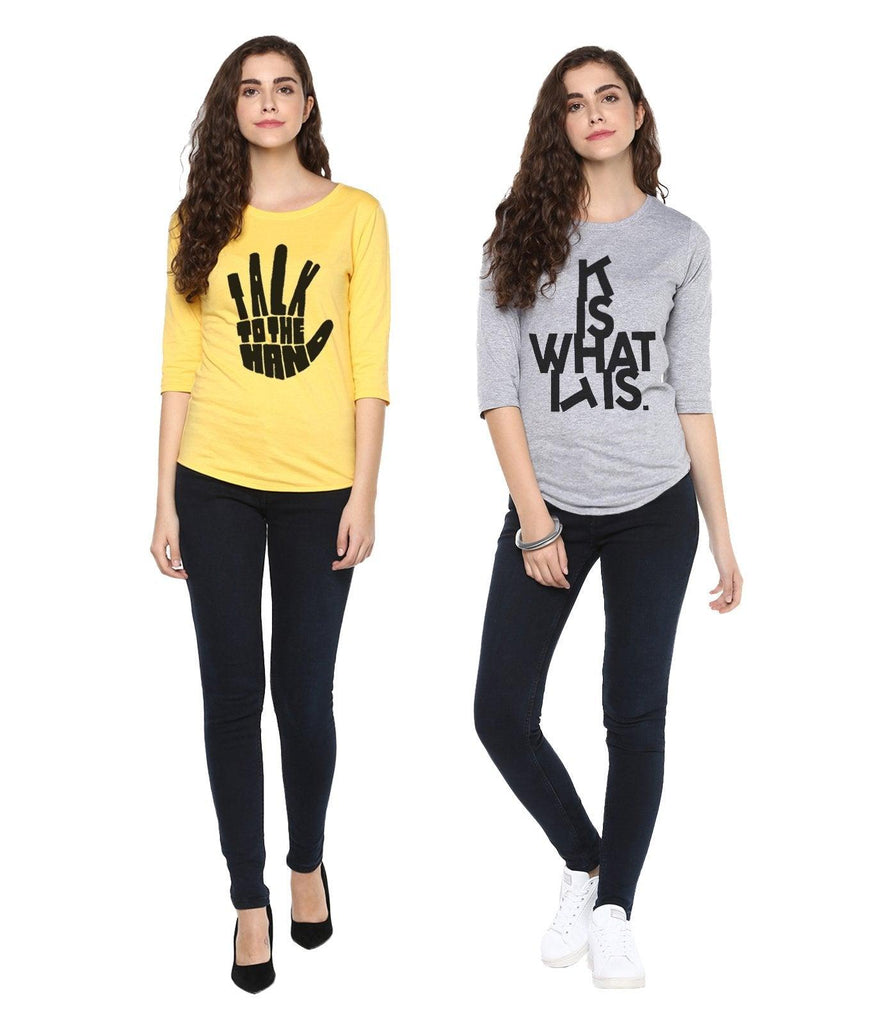 Young Trendz Womens Combo 3/4th Sleeve Talk Printed Yellow Color and Itis Printed Grey Color Tshirts - Young Trendz