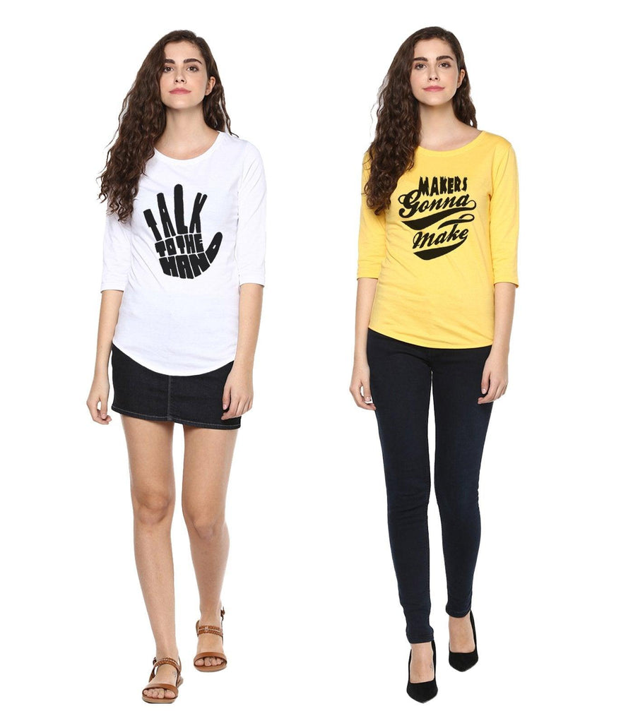 Young Trendz Womens Combo 3/4th Sleeve Talk Printed White Color and Maker Printed Yellow Color Tshirts - Young Trendz
