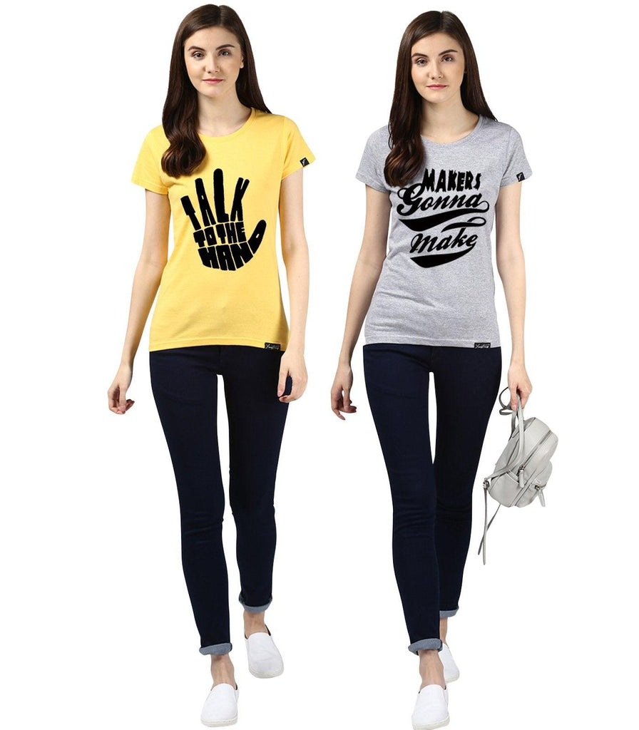 Young Trendz Womens Combo Half Sleeve Talk Printed Yellow Color and Maker Printed Grey Color Tshirts - Young Trendz