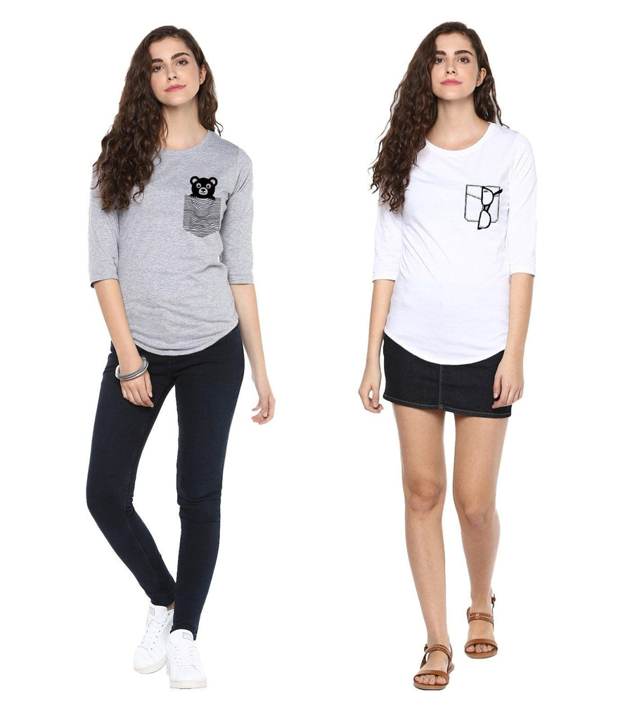 Young Trendz Womens Combo 3/4th Sleeve Teddy Printed Grey Color and Glass Printed White Color Tshirts - Young Trendz