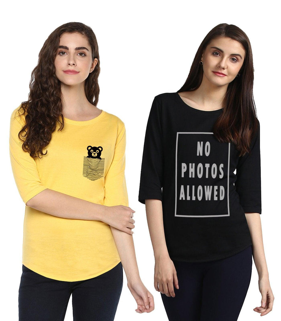 Young Trendz Womens Combo 3/4th Sleeve Teddy Printed Yellow Color and Nophot Printed Black Color Tshirts - Young Trendz