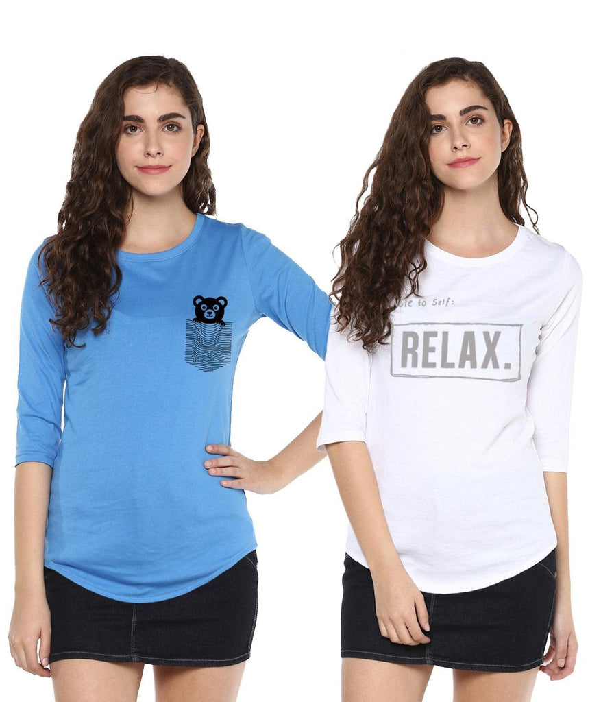 Young Trendz Womens Combo 3/4th Sleeve Teddy Printed Sky Blue Color and Note2relax Printed White Color Tshirts - Young Trendz